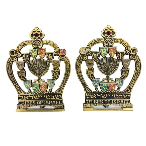 MCM Tribes of Israel Tamar Export Vintage MCM Brass Crown Jeweled Bookends